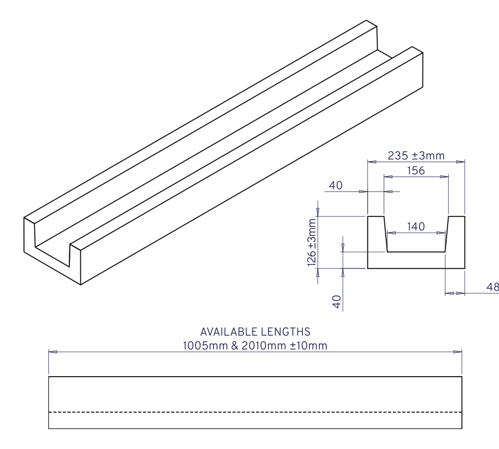 Dibujo técnico de la artesa A - Configuración estándar